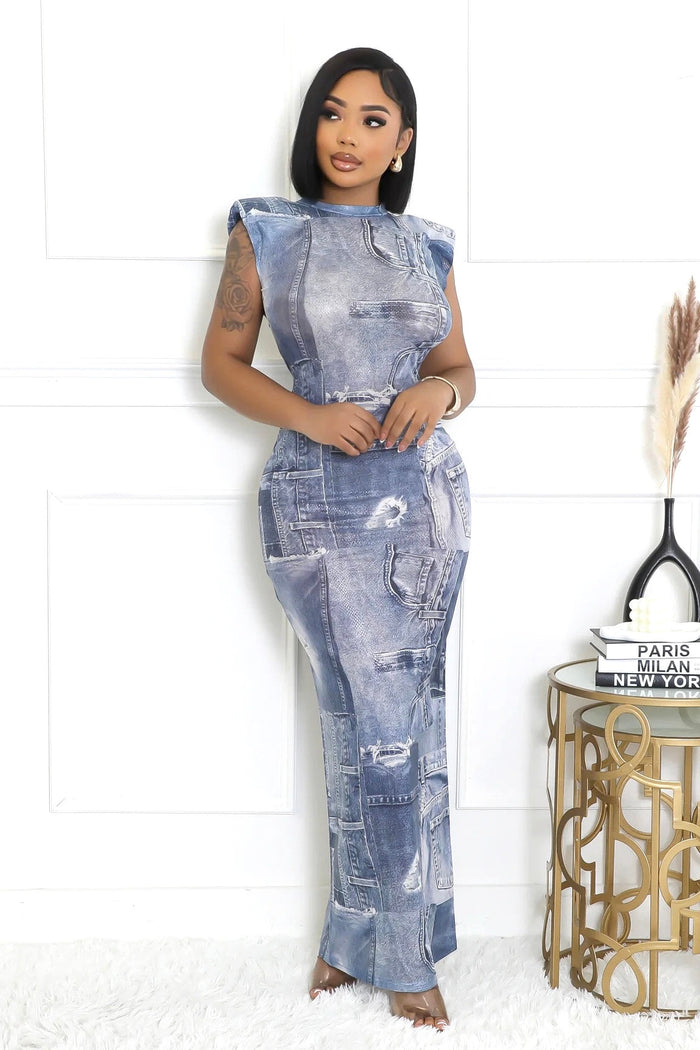 Maxi Denim Illusion Print Dress {See-Thru} by The House of Stylez