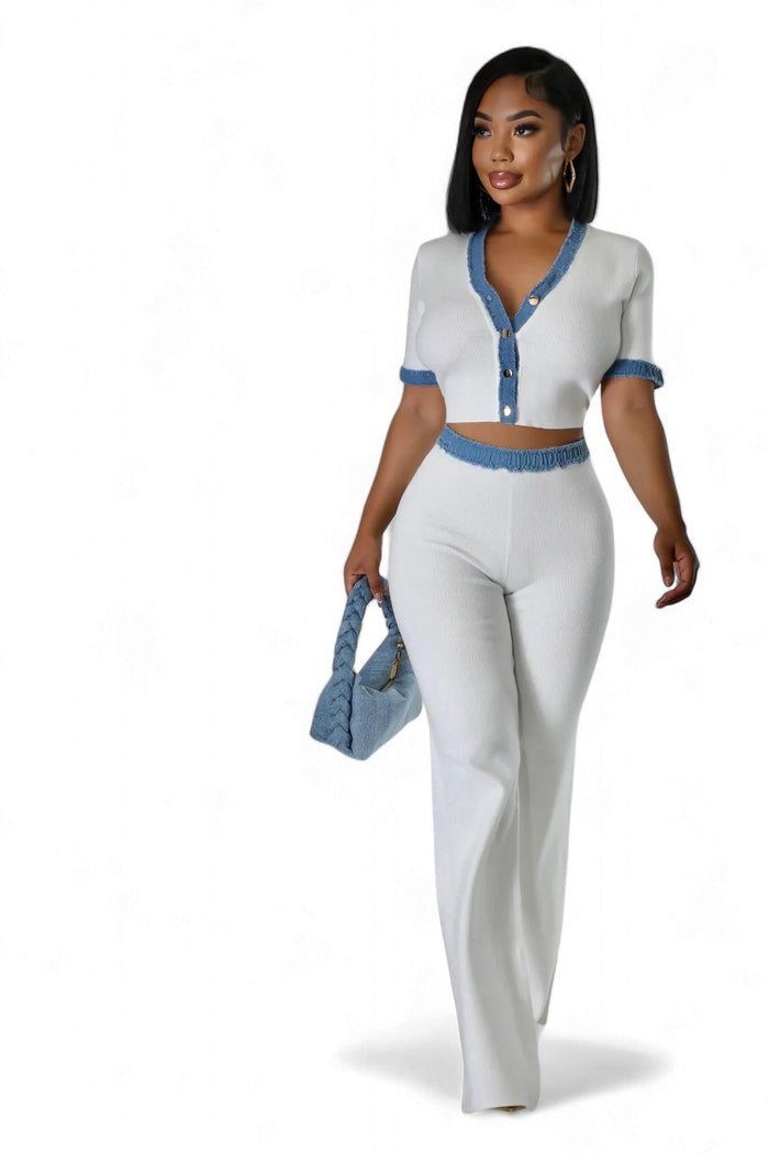 Two Piece Knit Pants Set with Denim Trim by The House of Stylez