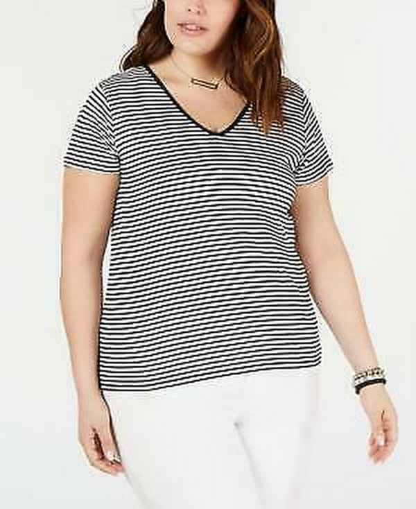 Planet Gold Ribbed Stripe V-Neck T-Shirt, Size 3X by Vanessa Jane