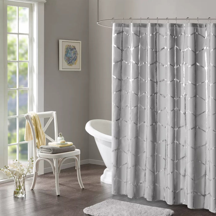 Intelligent Design Khloe Geometric Metallic Printed Shower Curtain by Vanessa Jane