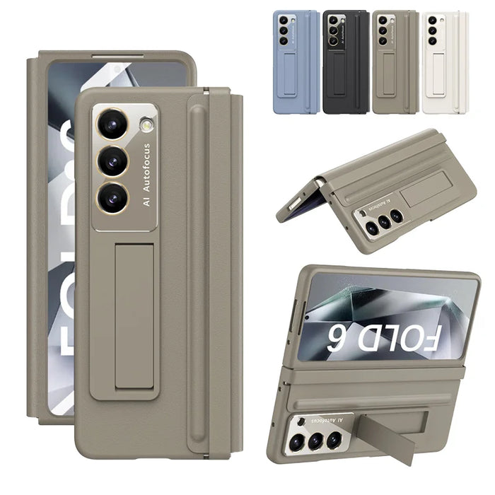 Skin Friendly Matte Leather Bracket Case With Hinge Protection For Samsung Galaxy Z Fold 6 5 4 by Merch Section