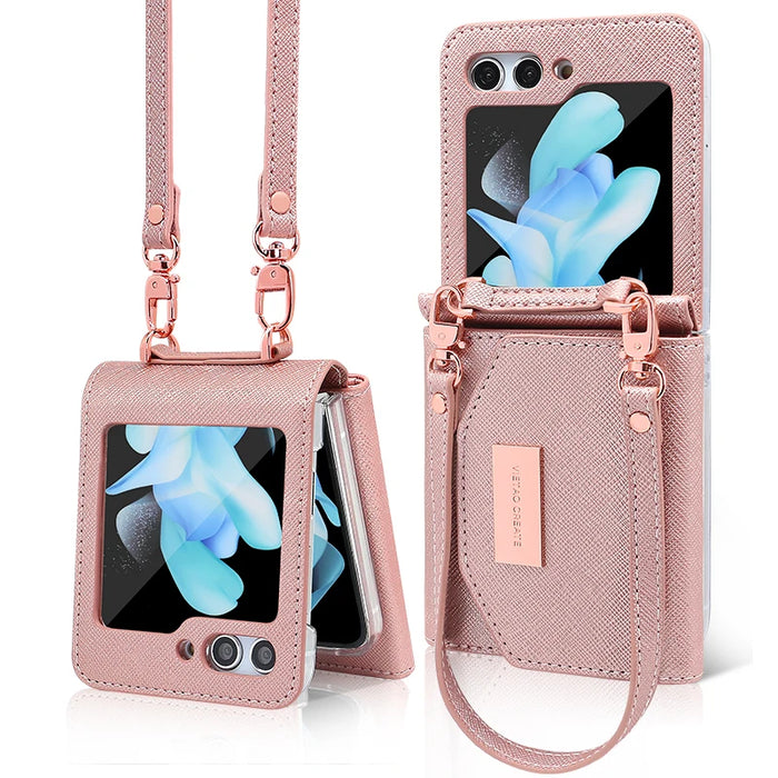 Women's Rose Gold Flip Leather Wallet Case With Wristband For Samsung Galaxy Z Flip 6 by Merch Section