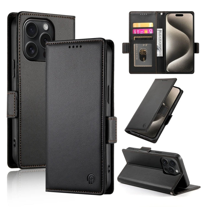Side Buckle Magnetic Frosted Leather Wallet Card Holder Case for iPhone 15 Pro by Merch Section
