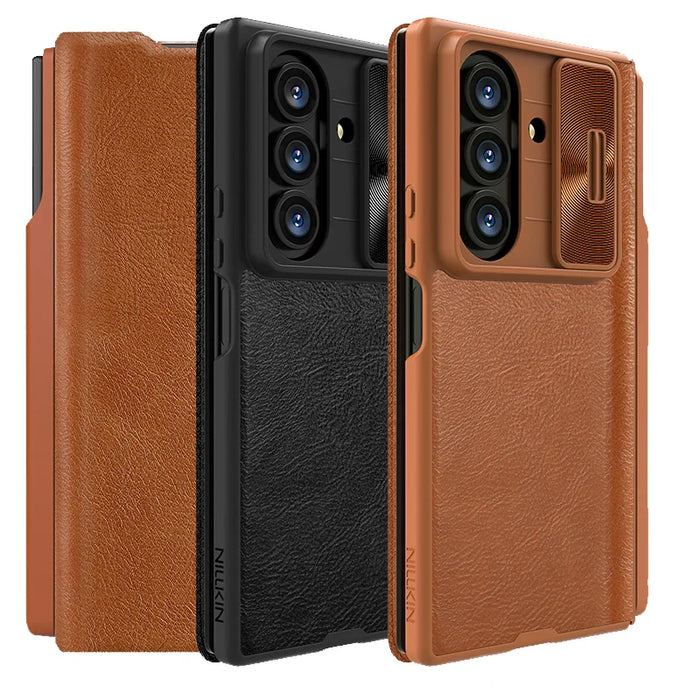 Luxury Leather Slide Lens Protection Back Cover Case With S-Pen For Samsung Galaxy Z Fold 7 6 5G by Merch Section