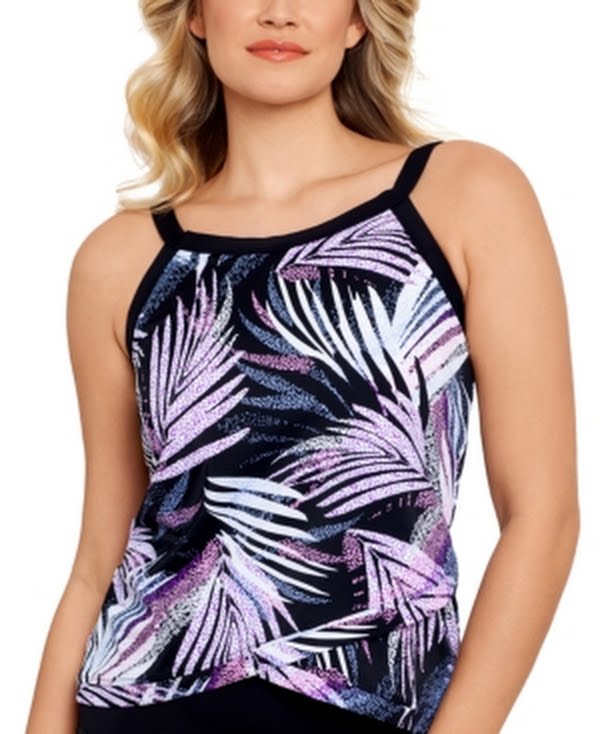 Swim Solutions Printed High-Neck Overlap-Hem Tankini Top by Vanessa Jane