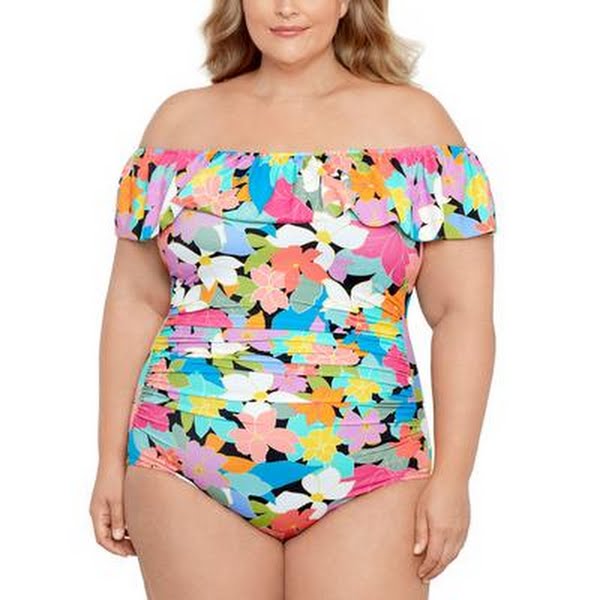 Swim Solutions Plus Size Tummy Control Off-the-Shoulder Ruffled Swimsuit by Vanessa Jane