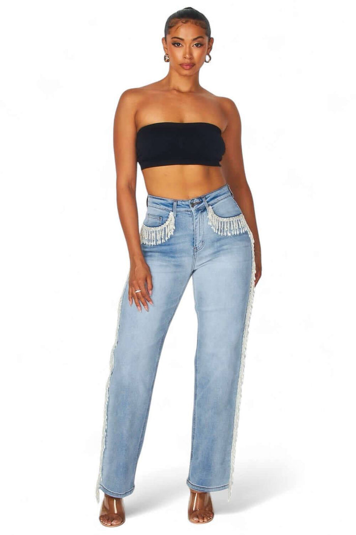 Kenia Pearl Fringe High Rise Denim Jeans by The House of Stylez