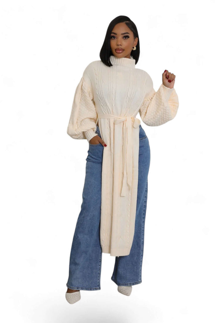 Long Knit Midi Mock Neck Sweater with Slits by The House of Stylez