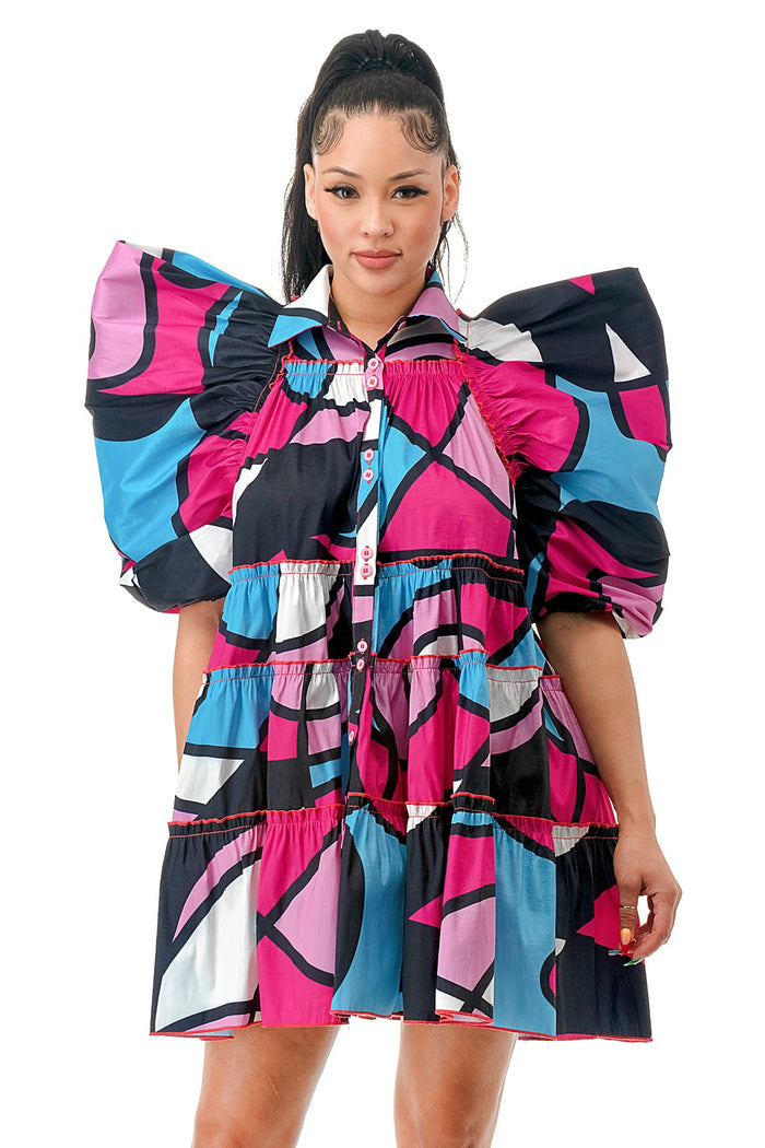 Multi Color Puff Sleeve Baby Doll Dress by The House of Stylez