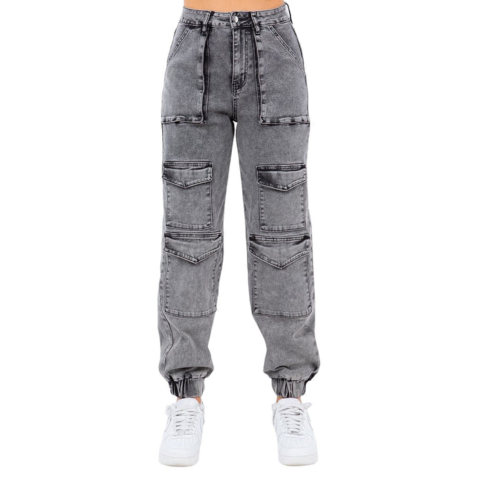 Acid Wash Denim Multi Pocket Joggers- RJJ8485 by The House of Stylez