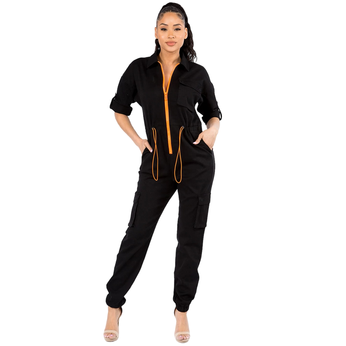 Short Sleeve Cargo Jumpsuit with Orange Zipper by The House of Stylez