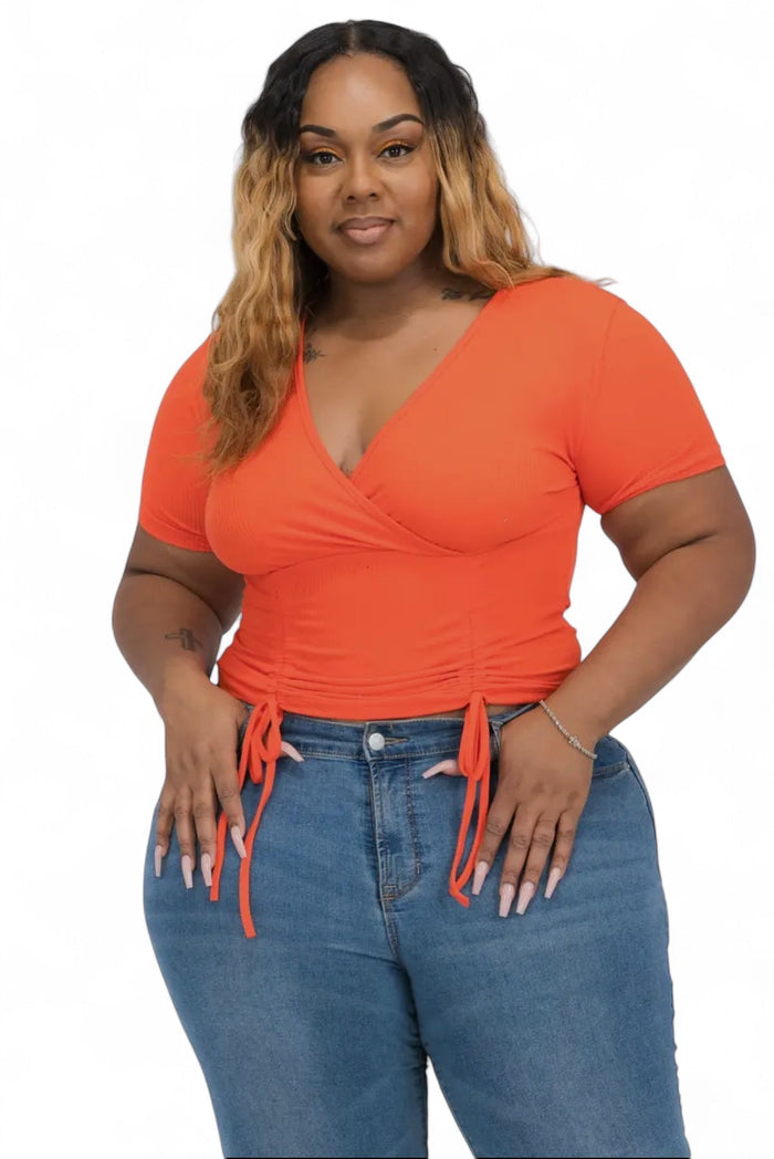 Curvy Ribbed Ruched Drawstring Surplice Top {BT3335X} by The House of Stylez