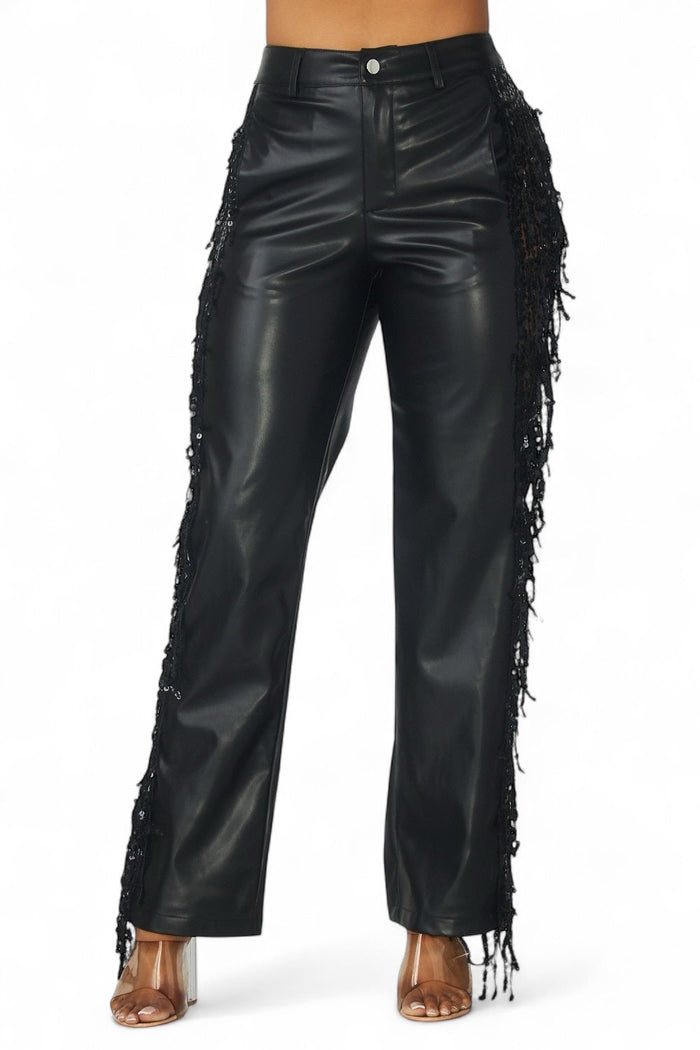 Shimmer Lane Vegan Leather Fringe Pants by The House of Stylez