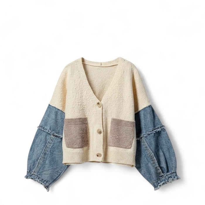 Denim Sleeve Knit Cardigan Casual Sweater Top by The House of Stylez