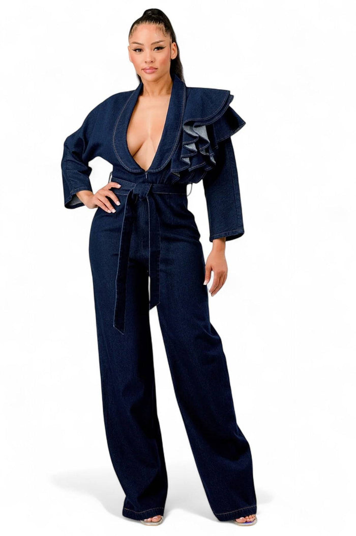 Dark Denim Ruffle Shoulder Jumpsuit by The House of Stylez