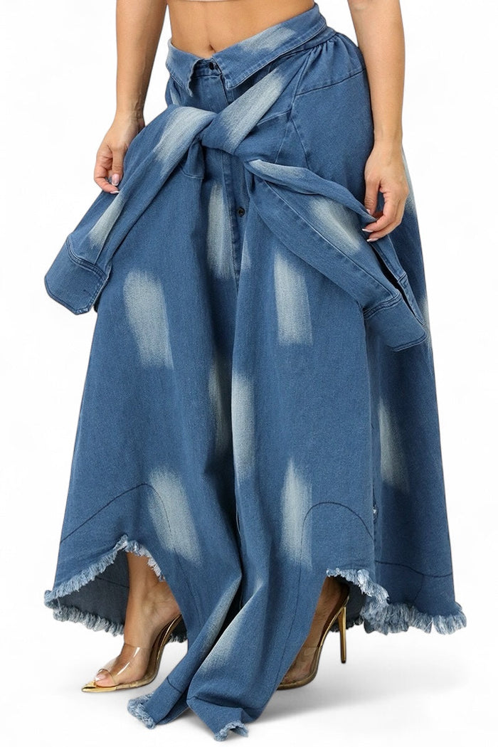 Denim Tie Dye Maxi Skirt With Shirt Sleeves Belt by The House of Stylez