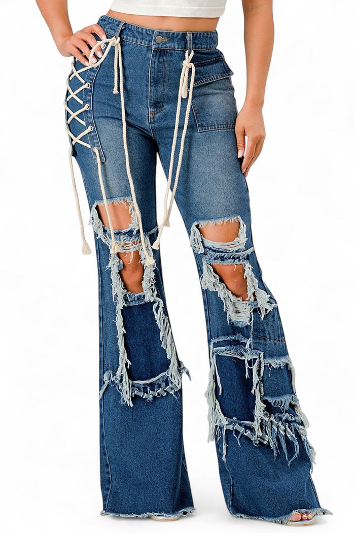 Curvy Lace-Up Shredded Flare Denim Pants by The House of Stylez