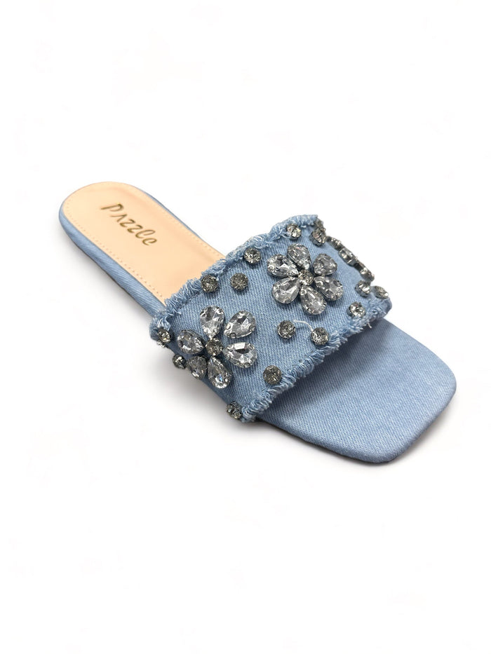 Light Blue Denim Distressed Rhinestone Flats by The House of Stylez