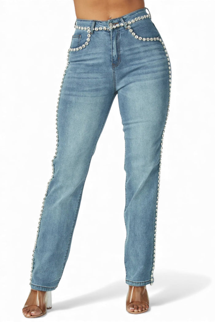 Avianna Rhinestone Denim Pants by The House of Stylez