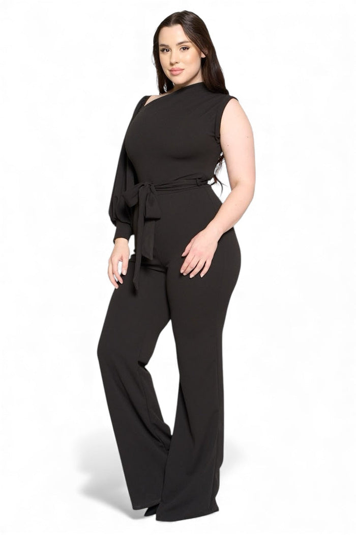 One Shoulder Puff Sleeve Belted Jumpsuit by The House of Stylez