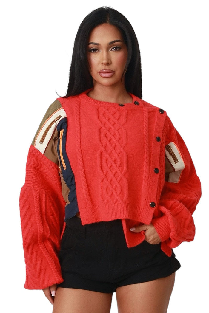 Asymmetric Patchwork Knit Button Sweater by The House of Stylez