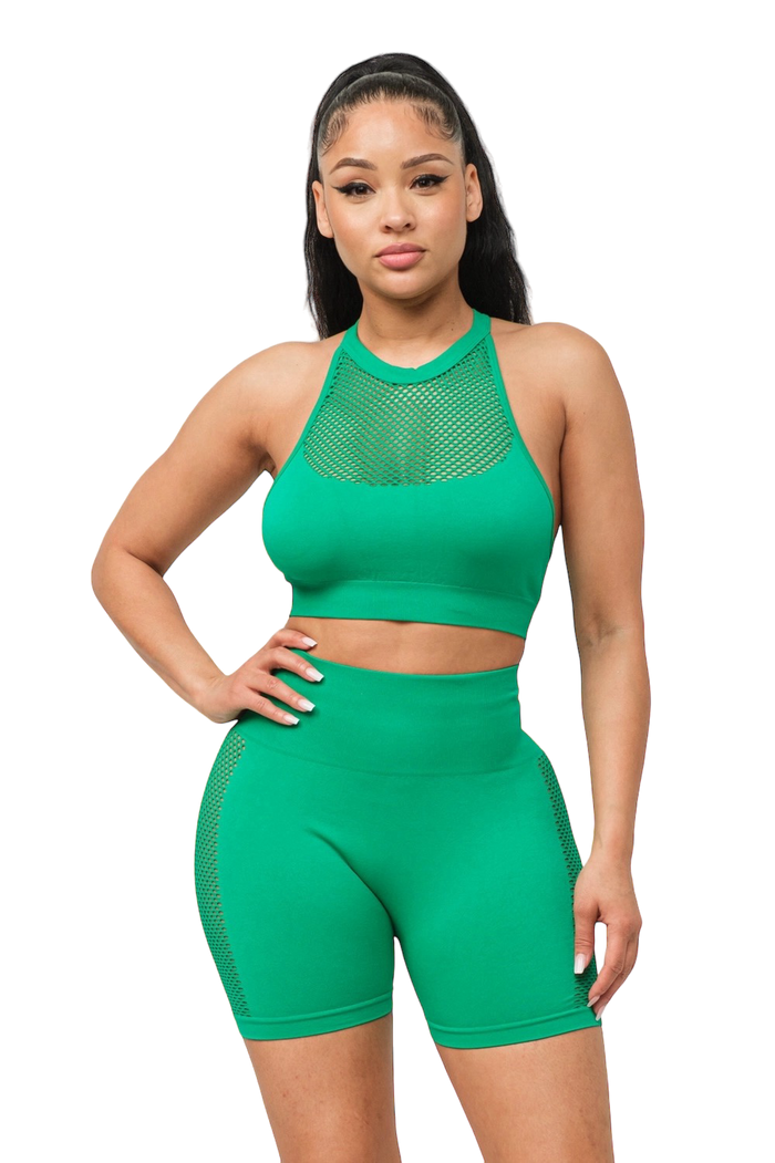 Front Fishnet Contrast Halter Top and Shorts Set by The House of Stylez