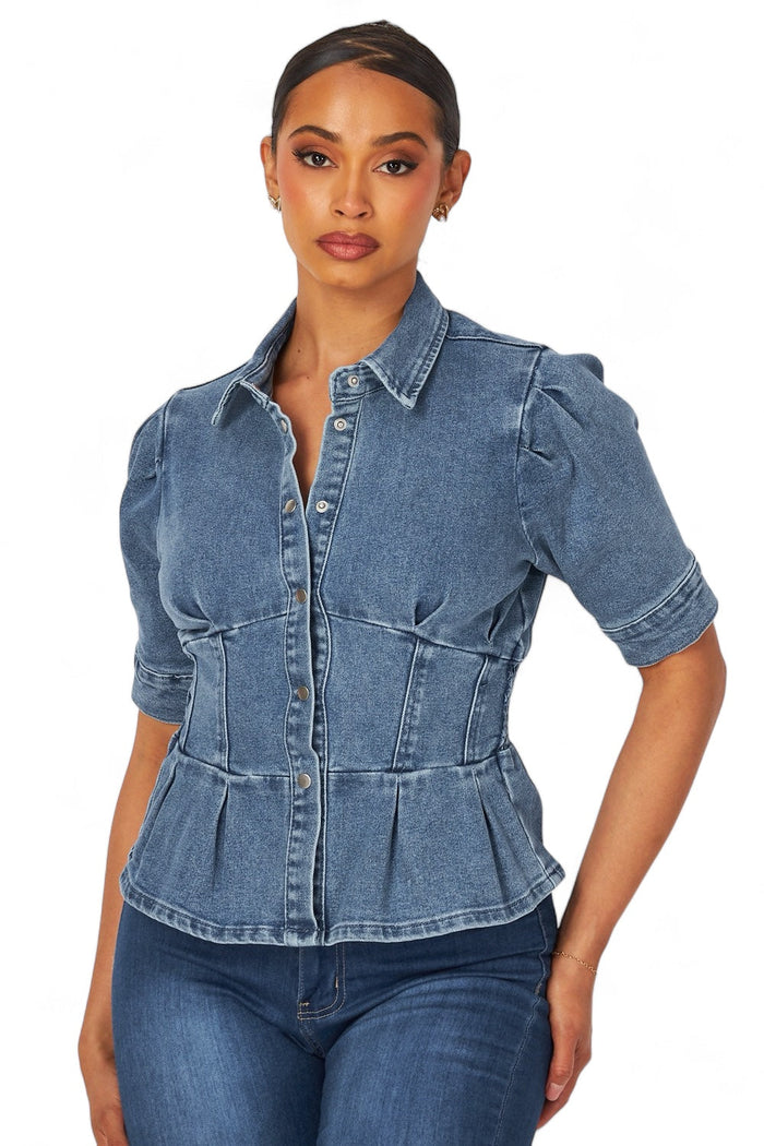 Ingrid Smocked Detail Peplum Denim Top by The House of Stylez