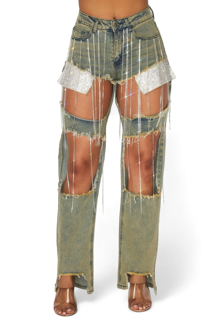 Elaine Rhinestone Chain Embellished Denim Jeans by The House of Stylez