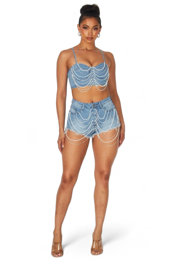 Pearl Detail Denim Short Set by The House of Stylez