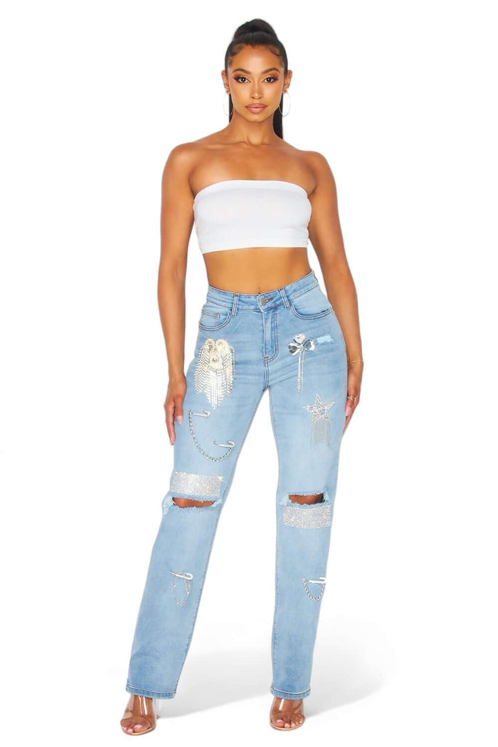 Dreaming Of You Rhinestone Fringe Denim Pant Jeans by The House of Stylez