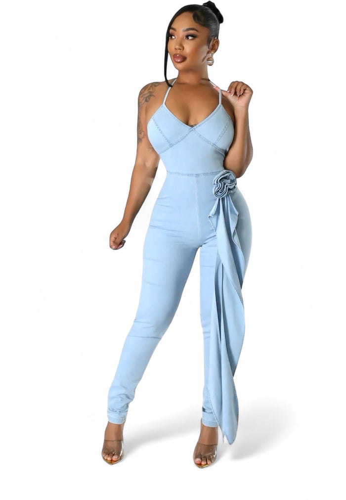 Light Blue Denim Halter Jumpsuit by The House of Stylez