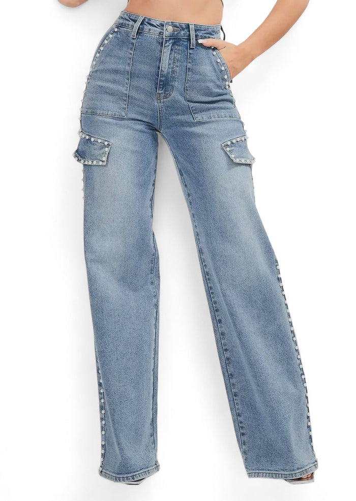 Pearl Trimmed Cargo Wide Leg Jeans by The House of Stylez