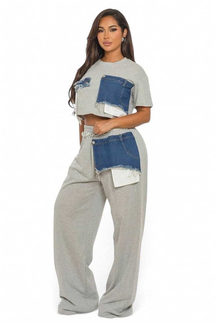 Two Piece Heather Gray Patch Denim Detail Pants Set by The House of Stylez