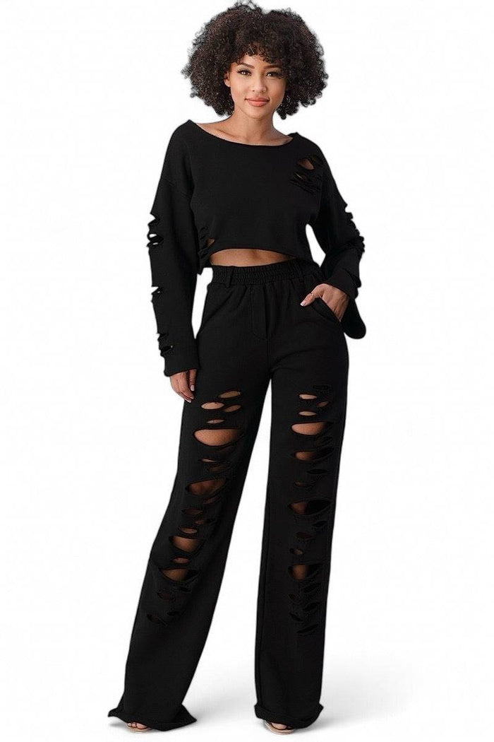 Two Piece Off the Shoulder Distressed Pants Set {TALL GIRL FRIENDLY} by The House of Stylez