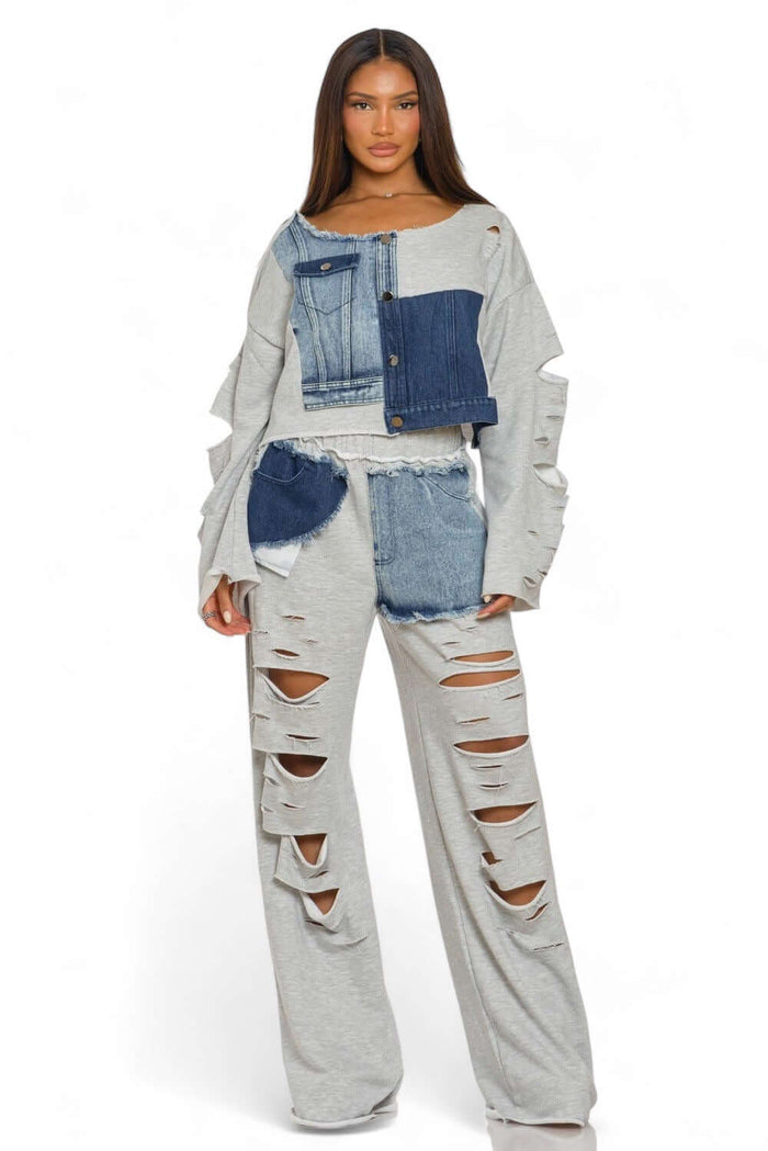 Long Sleeve Patch Denim Detail Pants Two Piece Set {Tall Girl Friendly} by The House of Stylez