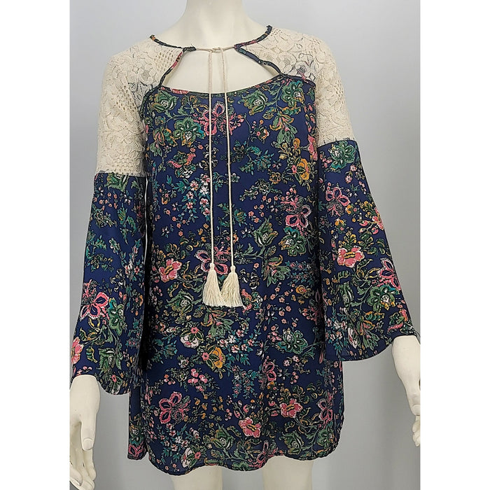 Entro Bell Sleeve Sheer Boho Peasant Crochet Dress, navy, size small by Vanessa Jane