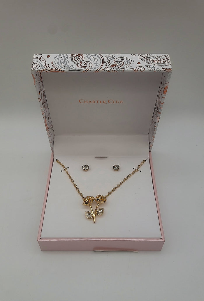 Charter Club Gold-Tone Crystal Rose Pendant Necklace and Stud Earrings Set by Vanessa Jane