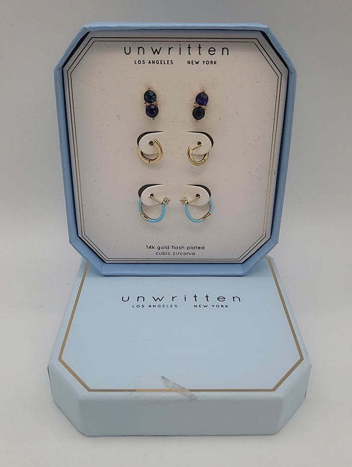 Unwritten 14K Gold Flash Plated 3-Pieces Cubic Zirconia Hoop Dainty Earrings by Vanessa Jane
