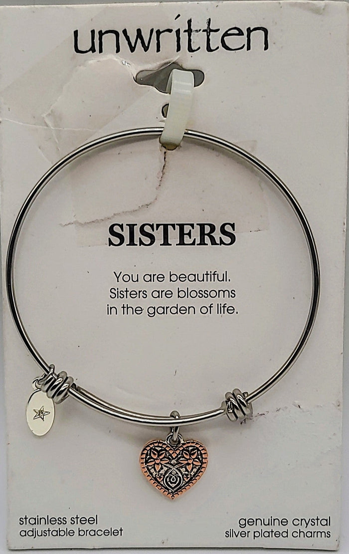 Unwritten Two-Tone Heart Sisters Charm Bangle Bracelet With Silver Plated Charms by Vanessa Jane