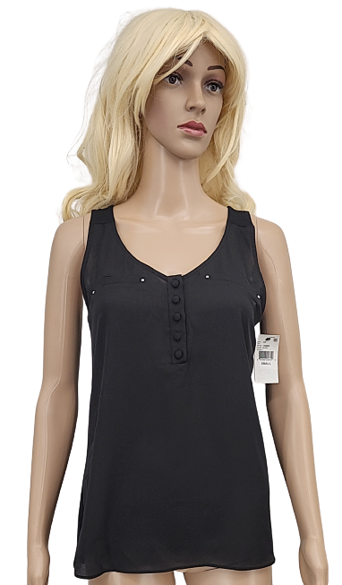 BCX Chiffon Front Knit Back Henley Tank, Black, Size Small by Vanessa Jane