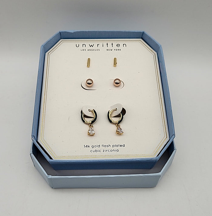 Unwritten 14K Gold Flash Plated 3-Pieces Cubic Zirconia Earrings by Vanessa Jane