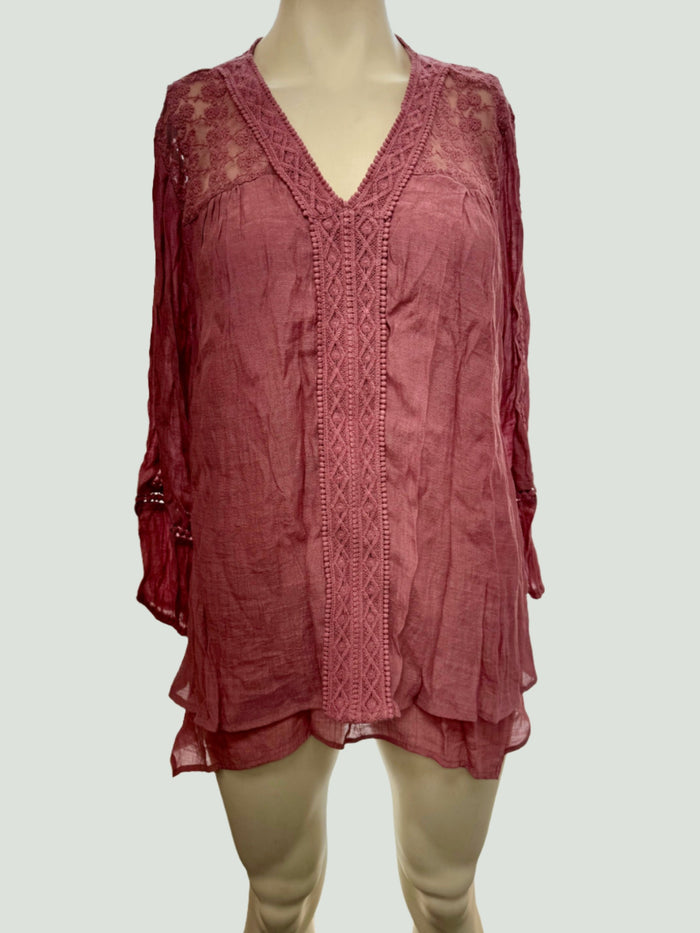 Style & Co Lace-Yoke Handkerchief-Hem Top, Large by Vanessa Jane