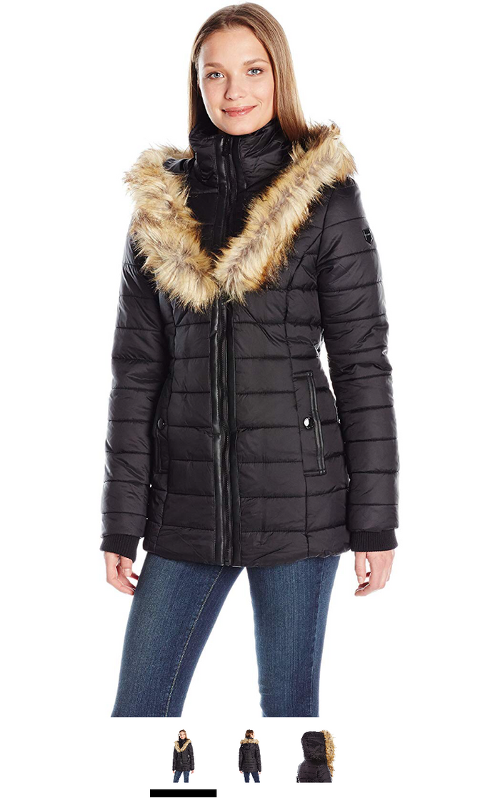 Noize Women's Ivy Large Faux Fur Collar Coat with Hood and Storm Cuffs, Black, M by Vanessa Jane