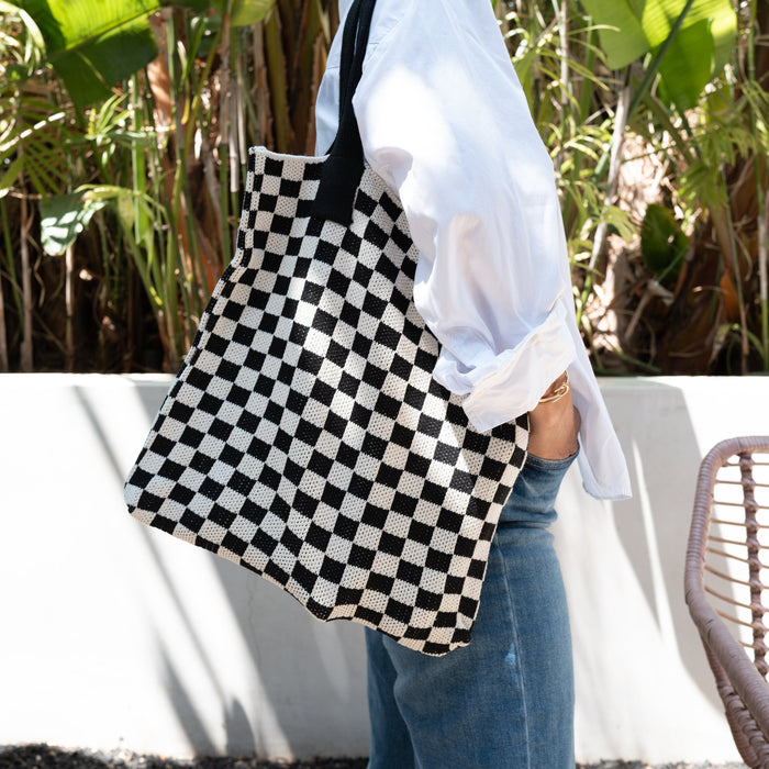 Black Checkered Tote Bag - Washable Cotton Knit with Key Ring by CASUPO