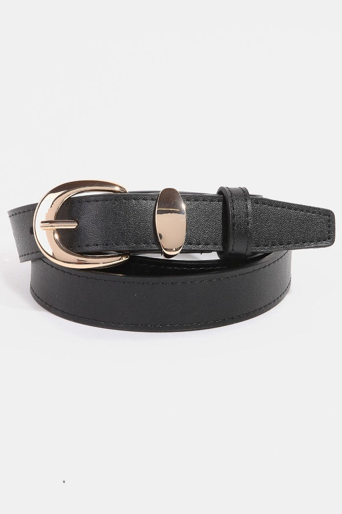 Metallic Crescent Buckle Leather Belt by Boutique 23