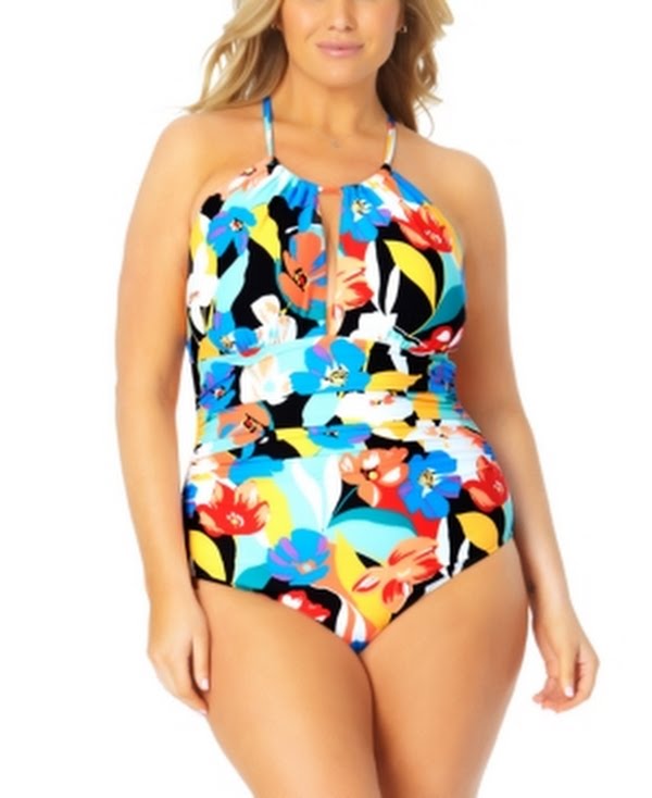 Anne Cole Signature Womens Plus Size Modern Blooms High-Neck One-Piece, 22W by Vanessa Jane