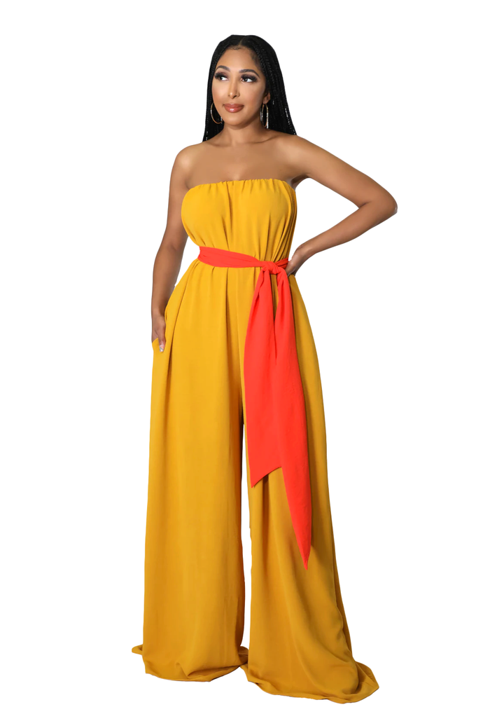 Mustard Strapless Jumpsuit with Orange Belt {33" inseam} by The House of Stylez