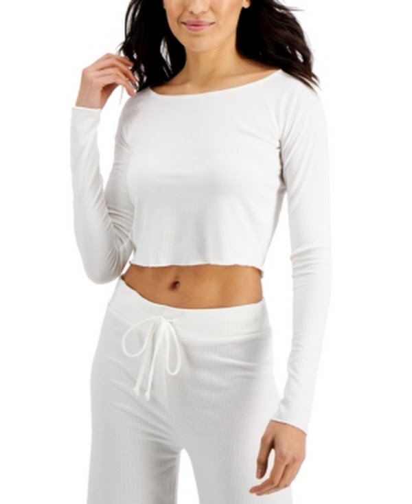 Jenni Rib-Knit Long Sleeve Sleep Crop Top Size -Off White- Medium by Vanessa Jane
