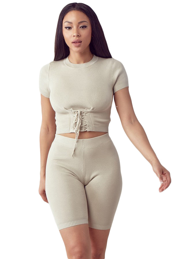 2PC Ruched Cut Out Detailed Knit Top & Short Set - Nude by The House of Stylez