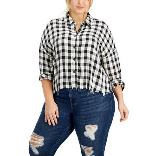 LoveFire Plus Size Raw Hem Plaid Button-Down Top by Vanessa Jane